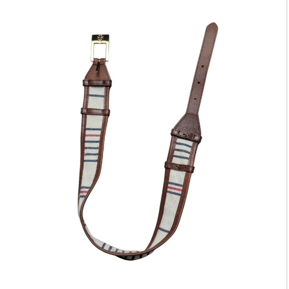NWT TORY BURCH DASH BELT LEATHER TRIM NAVY NATURAL RED CANVAS SIZE Xs